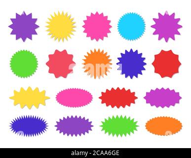 Ensemble d'autocollants Starburst - collection d'étiquettes et de boutons ronds et ovales en promotion. Illustration de Vecteur