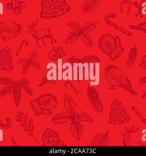 Motif d'arrière-plan vectoriel de Noël dessiné à la main sans couture. Renne, strobile, Holly, Mistletoe et gants Sketches Card ou Cover Template. Illustration de Vecteur