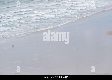 Vue de haut niveau sur la plage de Rhossilli. Grande surface de sable et d'eau de mer. Les gens sont très loin sur la plage et sur une étendue de sable. Solitude et distance Banque D'Images