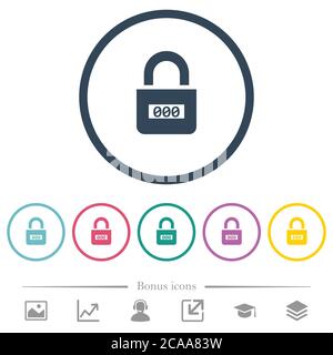 Cadenas à combinaison verrouillé avec chiffres centraux, icônes de couleur plate dans des contours ronds. 6 icônes bonus incluses. Illustration de Vecteur