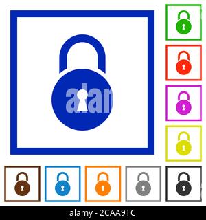 Cadenas rond verrouillé avec icônes en forme de trou de serrure dans des cadres carrés sur fond blanc Illustration de Vecteur