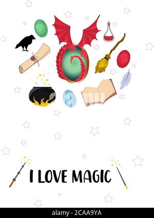 J'aime la magie. Carte postale avec objets magiques. MYSTÈRE ET MAGIE Illustration de Vecteur