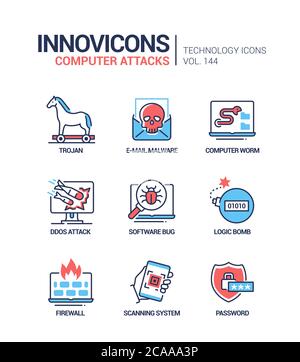 Attaques informatiques - icônes colorées de style de design de ligne Illustration de Vecteur