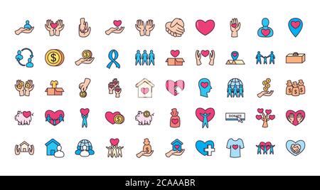 Ensemble de 50 icônes style ligne et bourre de dons de charité et thème de bénévolat illustration vectorielle Illustration de Vecteur