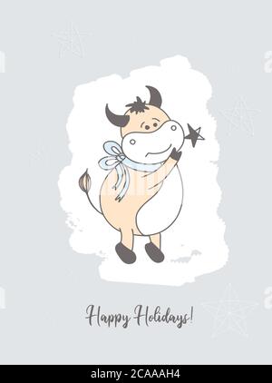 Carte de Noël. Année de la carte postale de taureau. Affiche. Caractère OX Illustration de Vecteur