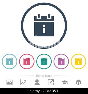 Les icônes de couleur plate des informations sur les horaires sont représentées par des contours ronds. 6 icônes bonus incluses. Illustration de Vecteur