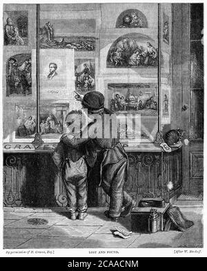 Gravure de deux garçons à la recherche d'une vitrine pour objets perdus et trouvés en Angleterre victorienne Banque D'Images