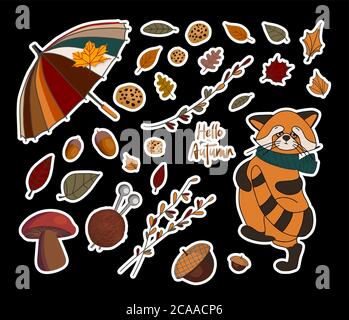 Autocollants d'automne vectoriels. CITROUILLES ET BRANCHES. Feuilles d'automne. Imprimé pour les textiles et les vêtements pour enfants. Conception du produit Illustration de Vecteur