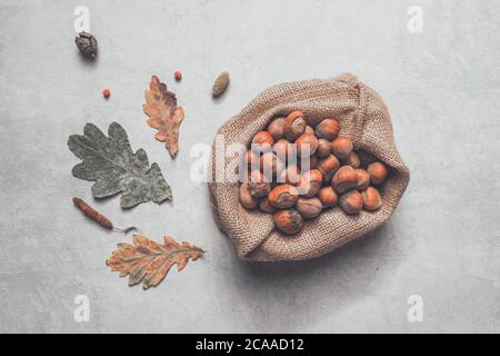 Vue de dessus des noisettes décortiquées dans un sac en toile écologique sur une table en bois rustique décorée de feuilles et de branches d'automne sèches Banque D'Images