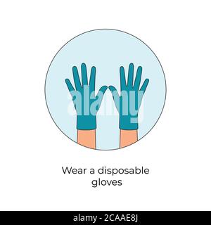 Porter des gants, des mains mettant des gants de protection, des gants médicaux icône, auto-protection, des gants en latex comme symbole de protection contre les virus. Illustration de Vecteur