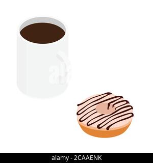 Tasse à café et beignet au chocolat doux. Isolé sur un blanc. Vecteur. Vue isométrique Illustration de Vecteur