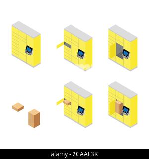 Le client utilise un terminal de poste automatisé en libre-service ou un casier pour déposer un colis à des fins d'entreposage. Ensemble de station de livraison de colis, collecte Illustration de Vecteur