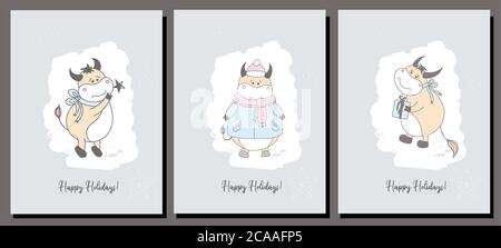 Jeu vectoriel de cartes de vacances. Carte de Noël. Année de la carte postale de taureau. Affiche. Caractère OX Illustration de Vecteur