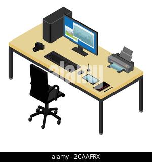 Lieu de travail freelance programmeur bureau et fauteuil. Ordinateur, Ordinateur portable, imprimante , tablette graphique, appareil photo et ordinateur portable sur le bureau de l'office. Happ Illustration de Vecteur