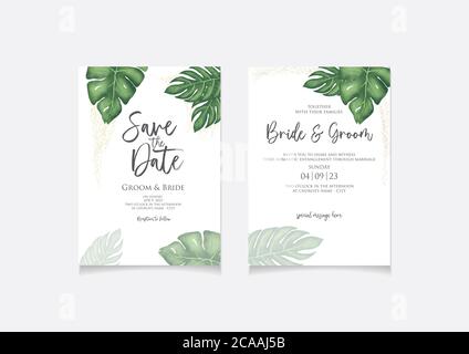 Modèle de carte d'invitation à un mariage avec feuilles tropicales vertes sur fond aquarelle pour enregistrer la date, l'invitation ou la carte de vœux. Illustration de Vecteur