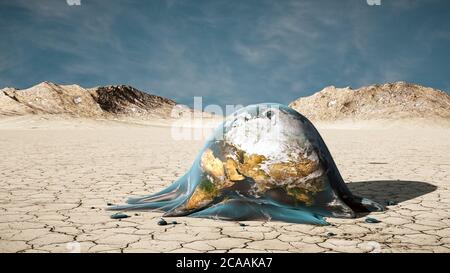 La Terre de la planète en fonte sur le sol d'un environnement aride et sec. Illustration du rendu 3D conceptuel du réchauffement climatique, de l'écologie et du changement climatique. EART Banque D'Images