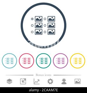 Sélection d'une seule image avec des boutons radio, des icônes de couleur plate et des contours ronds. 6 icônes bonus incluses. Illustration de Vecteur