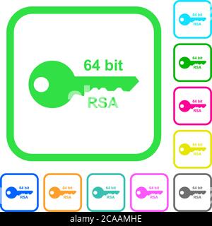 chiffrement rsa 64 bits icônes plates aux couleurs vives dans des bordures incurvées sur fond blanc Illustration de Vecteur