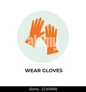 Porter des gants, des mains mettant des gants de protection, des gants médicaux icône, auto-protection, des gants en latex comme symbole de protection contre les virus. Illustration de Vecteur