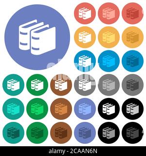 Deux icônes plates multicolores de livres sur fond rond. Inclus des variantes d'icônes blanches, claires et sombres pour les effets de survol et de statut actif, et bonus Illustration de Vecteur