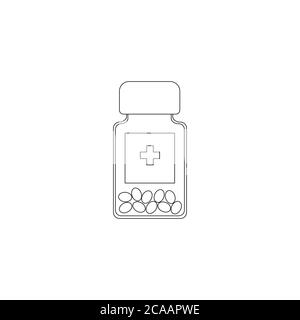 Icône de bouteille de comprimé minimaliste, vecteur d'icône de ligne de bouteille de médicament, médicaments. Encadré de drogue Illustration de Vecteur