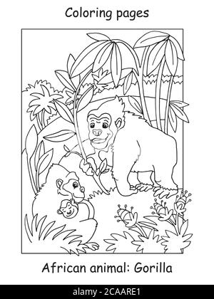 Pages de coloriage vectoriel avec la famille de gorilles mignonnes dans la région africaine. Illustration de contour de dessin animé isolée sur fond blanc. Illustration du stock pour colo Illustration de Vecteur