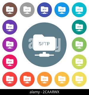 FTP sur SSH icônes blanches plates sur des arrière-plans de couleur ronde. 17 couleurs d'arrière-plan sont incluses. Illustration de Vecteur