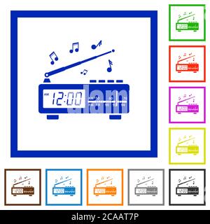 Radio-réveil vintage avec icônes de couleur plate de musique dans des cadres carrés sur fond blanc Illustration de Vecteur