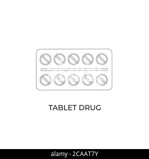 Comprimé Drug Vector Icon, Line Icon of Drug, Medical Pharmacy packaging for Drug, antibiotiques, vitamines ou aspirine tablet pack Icon. Comprimé isolé Illustration de Vecteur