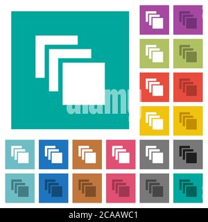 Plusieurs toiles d'icônes plates multicolores sur des fonds carrés simples. Inclut des variantes d'icône blanche et foncée pour les effets de survol ou actifs. Illustration de Vecteur