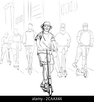 Jeune groupe d'hommes heureux en scooter électrique dans la ville. Vecteur de dessin au trait Illustration de Vecteur