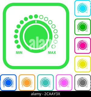 Contrôle du volume avec légendes icônes plates aux couleurs vives sur fond blanc et bordures incurvées Illustration de Vecteur