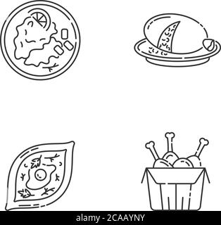 Jeu d'icônes linéaires pixel Perfect Fast food. Haggis écossais. Schnitzel de Wiener. Khachapuri géorgien. Symboles de contour de ligne mince personnalisables. vec isolé Illustration de Vecteur