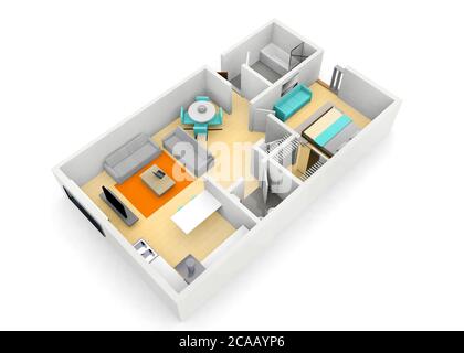 Cgi 3d illustration d'un 1 lit Appartement moderne sur un fond blanc Banque D'Images