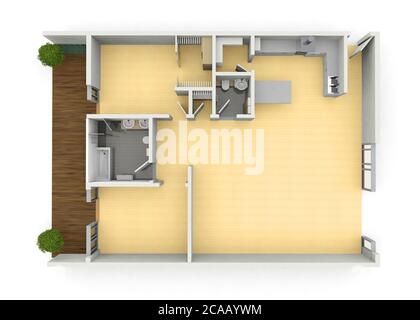 3d render of an empty apartment or single floor home from above on  ahote background, 2 bedrooms Banque D'Images