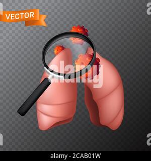 Poumons du corps humain sous une loupe avec cellules virales. Illustration médicale vectorielle de la recherche de virus ou de la recherche dans l'organe interne avec un mavif Illustration de Vecteur