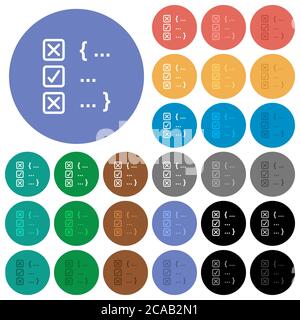 Vérification du code source icônes plates multicolores sur arrière-plans ronds. Inclut des variantes d'icônes blanches, claires et sombres pour les effets de survol et d'état actif Illustration de Vecteur