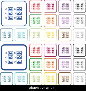 La sélection d'une seule image à l'aide de boutons radio colore les icônes plates dans des cadres carrés arrondis. Versions minces et épaisses incluses. Illustration de Vecteur