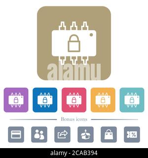 Icônes plates blanches verrouillées sur les arrière-plans carrés de couleur arrondie. 6 icônes bonus incluses Illustration de Vecteur