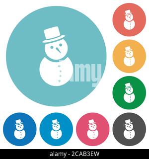 Icônes blanches plates de bonhomme de neige sur fond de couleur ronde Illustration de Vecteur
