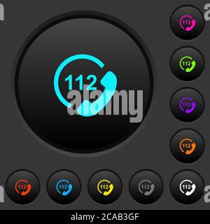 Appel d'urgence 112 boutons-poussoirs sombres avec icônes de couleur vive sur fond gris foncé Illustration de Vecteur