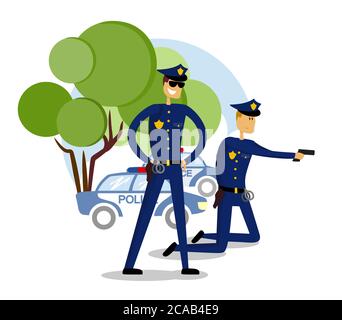 Tir de police. Deux policiers ou flics en uniforme se tenant près de la voiture, tenant des fusils et les visant à quelqu'un. Opération de police. Dessin animé plat Illustration de Vecteur