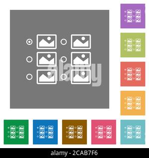 Sélection d'une seule image avec des boutons radio icônes plates sur des arrière-plans carrés de couleur simples Illustration de Vecteur