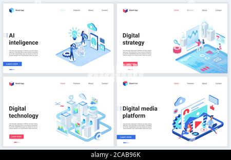 Illustration vectorielle isométrique de la technologie des médias sociaux numériques. Ensemble de modèles de conception de site Web mobile de dessin animé 3d, bannières de concept avec plateforme de service d'entreprise pour le stockage et l'analyse des médias de données Illustration de Vecteur