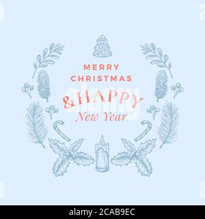 Carte de voeux ou bannière de Noël avec couronne et Typographie rétro pour un joyeux Noël et un joyeux nouvel an. Dessins d'esquisse illustrations représentation schématique Illustration de Vecteur