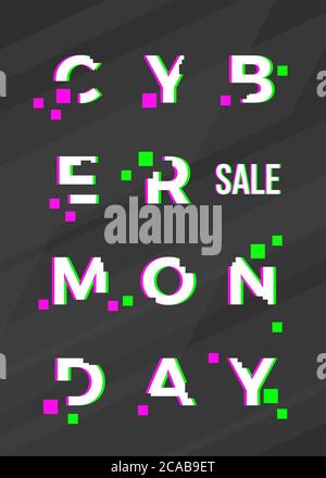 Modèle de carte vectorielle abstraite, de feuille de route ou d'affiche pour les soldes du lundi cybernétique. Typographie moderne, pixels et effet de démangeaison. Marché vertical de l'offre de remise sur l'électronique Illustration de Vecteur