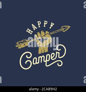Happy Camper – modèle de symbole, de logo ou de signe vectoriel vintage abstrait. Flèche dans la silhouette de la main avec la typographie rétro et les textures de merde. Bleu foncé Illustration de Vecteur