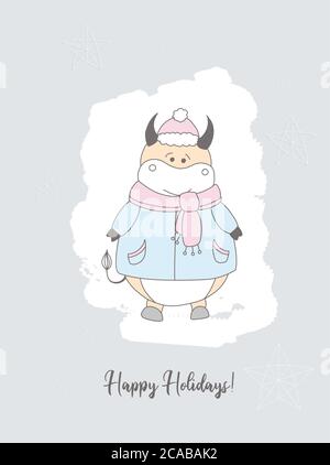 Carte de Noël. Année de la carte postale de taureau. Affiche. Caractère OX Illustration de Vecteur