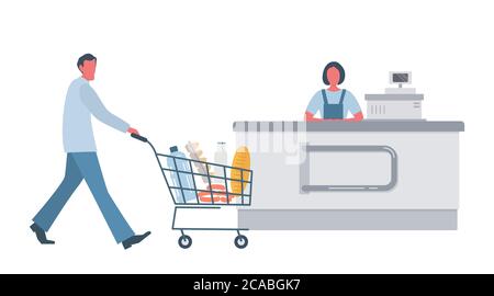 Supermarché près de la caisse. Il porte un panier rempli de nourriture et de boissons. Caissier du supermarché derrière la caisse. Vecteur Illustration de Vecteur