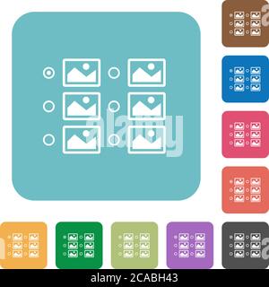 Sélection d'une seule image avec des boutons radio icônes plates blanches sur fond carré arrondi couleur Illustration de Vecteur